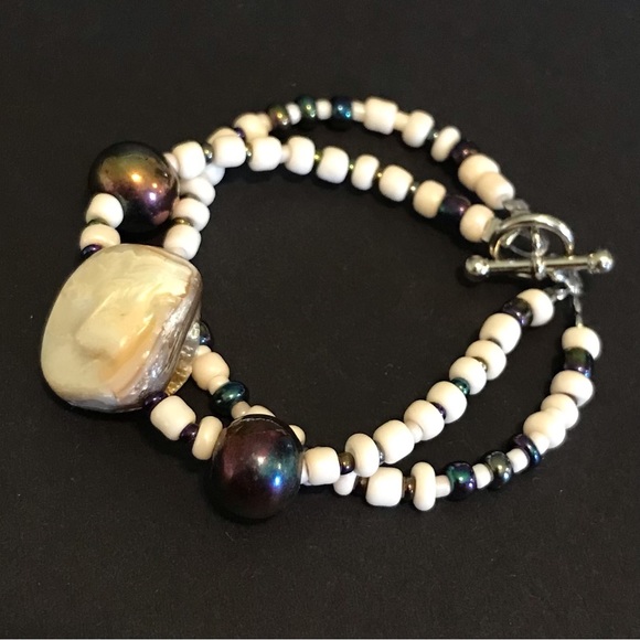 New Handmade Adult / Child Matching Bracelets, Beaded. Cream/Metallic Charcoal - Picture 8 of 10